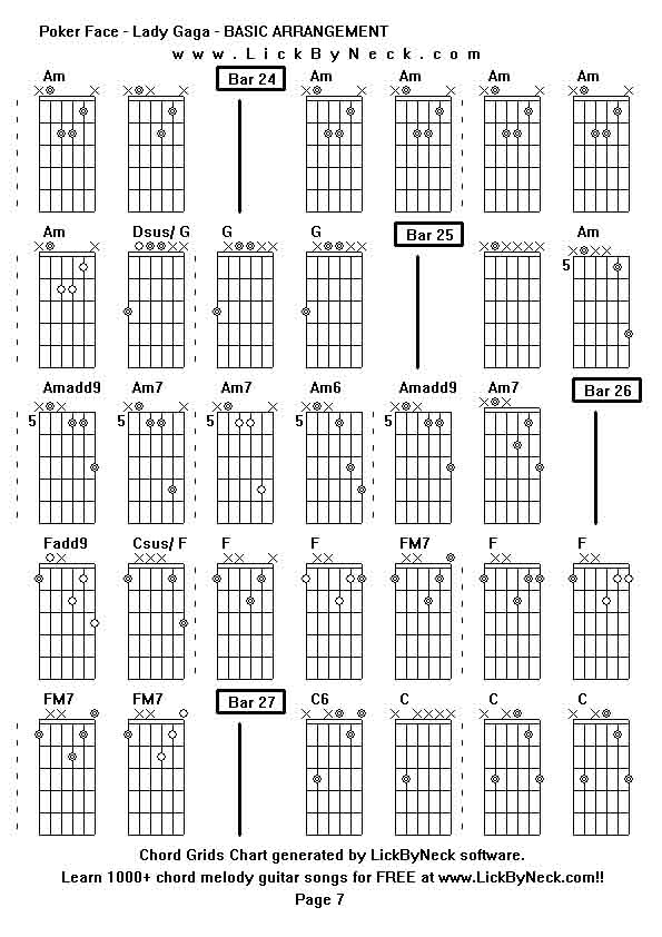 Chord Grids Chart of chord melody fingerstyle guitar song-Poker Face - Lady Gaga - BASIC ARRANGEMENT,generated by LickByNeck software.